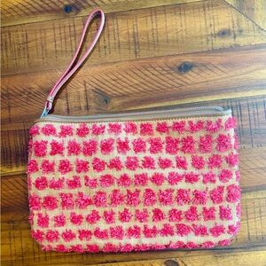 LOFT tan and pink fabric wristlet / clutch